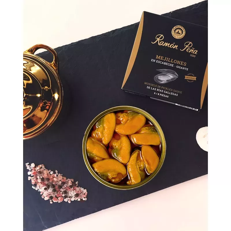 Ramon Pena Mejillones en Escabeche Fritos 6 8 piezas, emplatado
